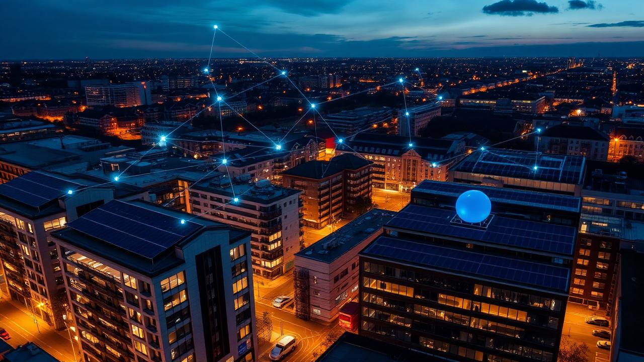 Vernetzte dezentrale Energieinfrastruktur in einer modernen Stadt